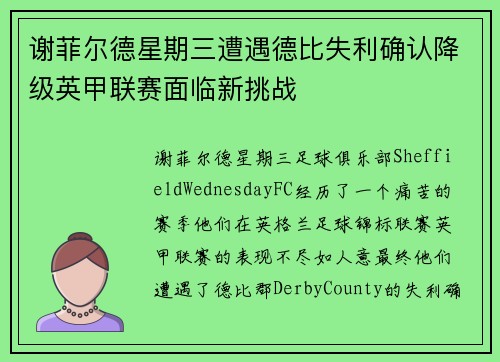 谢菲尔德星期三遭遇德比失利确认降级英甲联赛面临新挑战